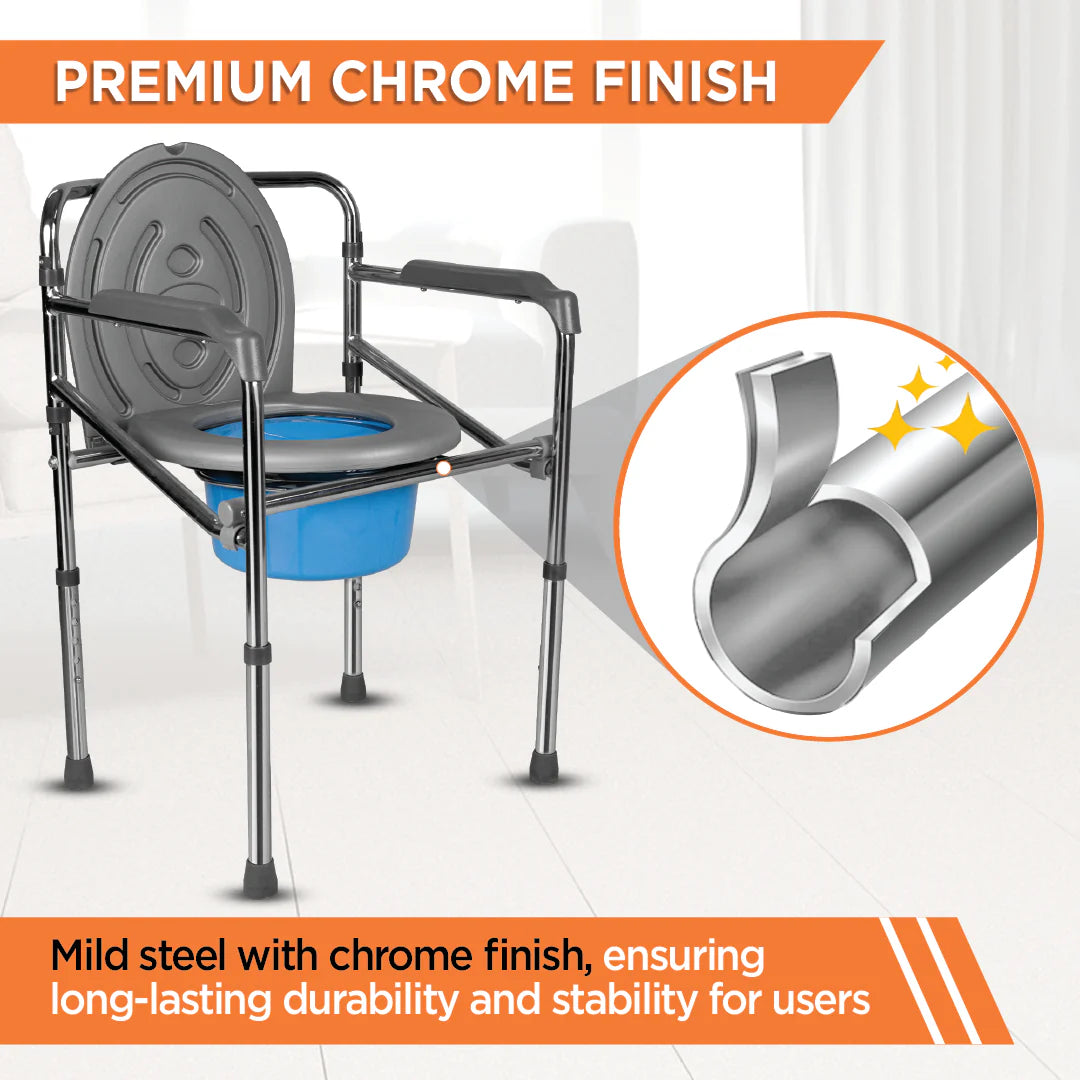 Vissco Comfort Chrome Folding Commode Chair Without Wheels PC 0942 | Portable Bathroom Aid for Elderly & Patients | Universal Size