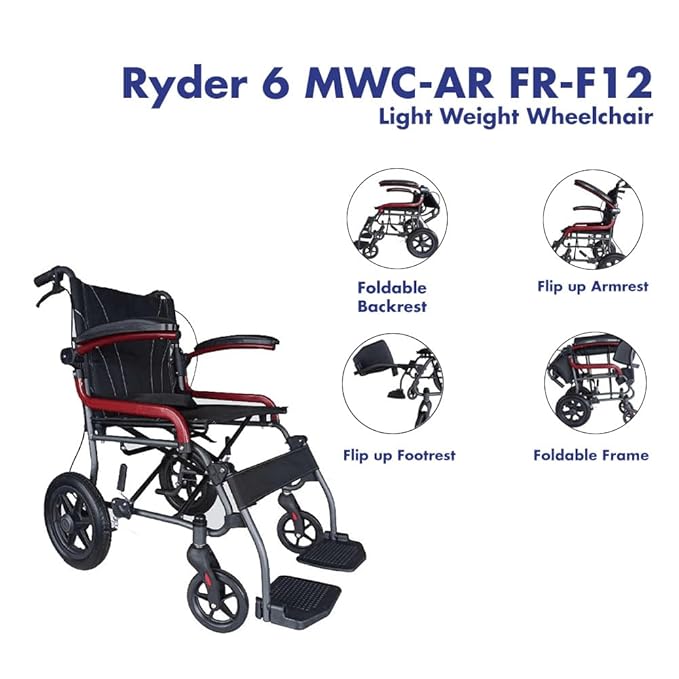 Karma Ryder 6 MWC-AR FR-F12 Lightweight Manual Wheelchair – Black & Red | Foldable, Compact, Adjustable Footrest