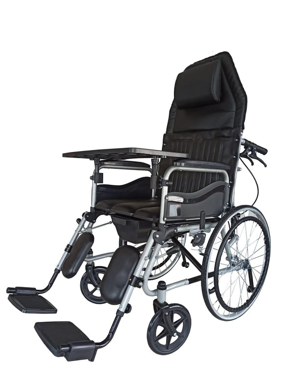 Karma Ryder 8 Reclining Wheelchair with Commode | Foldable Hydraulic Recliner Chair with U-Cut Seat, 3D Headrest, Tray & Detachable Armrests | Ideal for Elderly & Patients