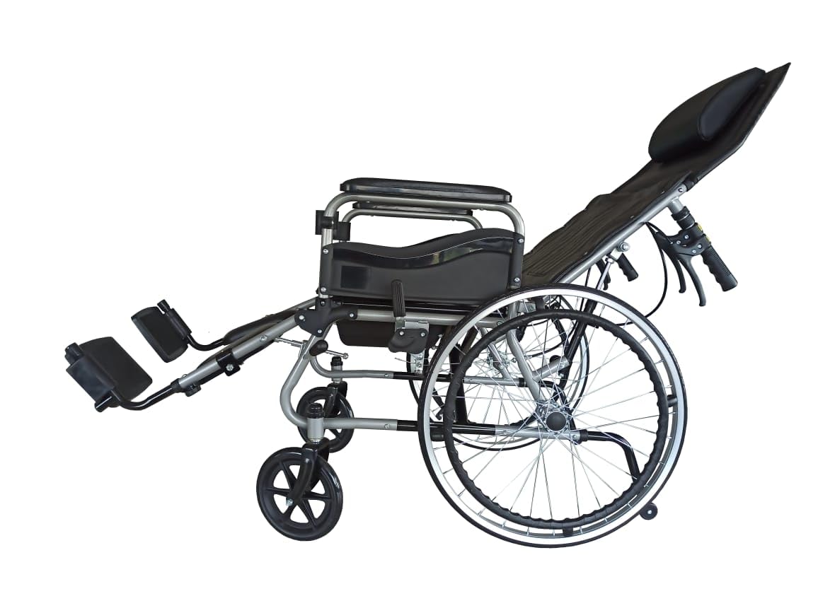 Karma Ryder 8 Reclining Wheelchair with Commode | Foldable Hydraulic Recliner Chair with U-Cut Seat, 3D Headrest, Tray & Detachable Armrests | Ideal for Elderly & Patients