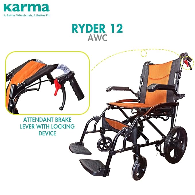 Karma Ryder 12 AWC-AR FR Manual Wheelchair – Lightweight Foldable Aluminum Frame | Flip-Back Armrests | Attendant Brakes | Travel-Friendly Design | 100kg Capacity | Orange-Black