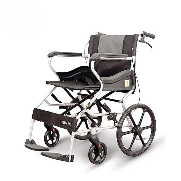 Karma Ryder 1 Pro Manual Wheelchair – Mild Steel | Foldable, Lightweight, Travel-Friendly (Silver-Black)