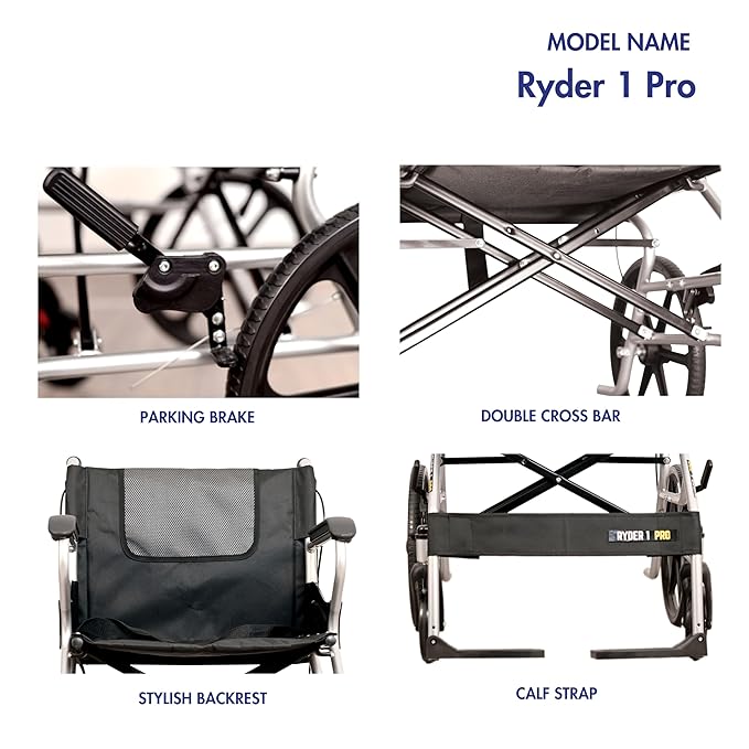 Karma Ryder 1 Pro Manual Wheelchair – Mild Steel | Foldable, Lightweight, Travel-Friendly (Silver-Black)