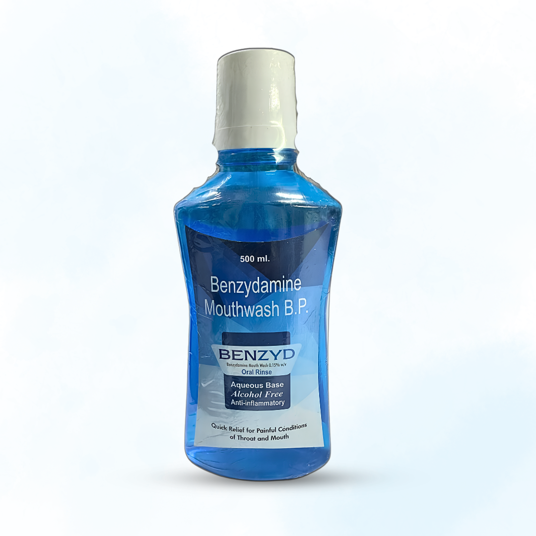 Benzyd Benzydamine Mouthwash B.P. 0.15% w/v 500ml – Pack of 2 | Alcohol Free Anti-Inflammatory Oral Rinse