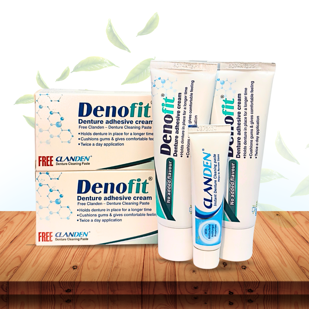 Denofit Denture Adhesive Cream 50g + Free Clanden Denture Cleaning Paste 15g | Strong Hold & Oral Hygiene Solution