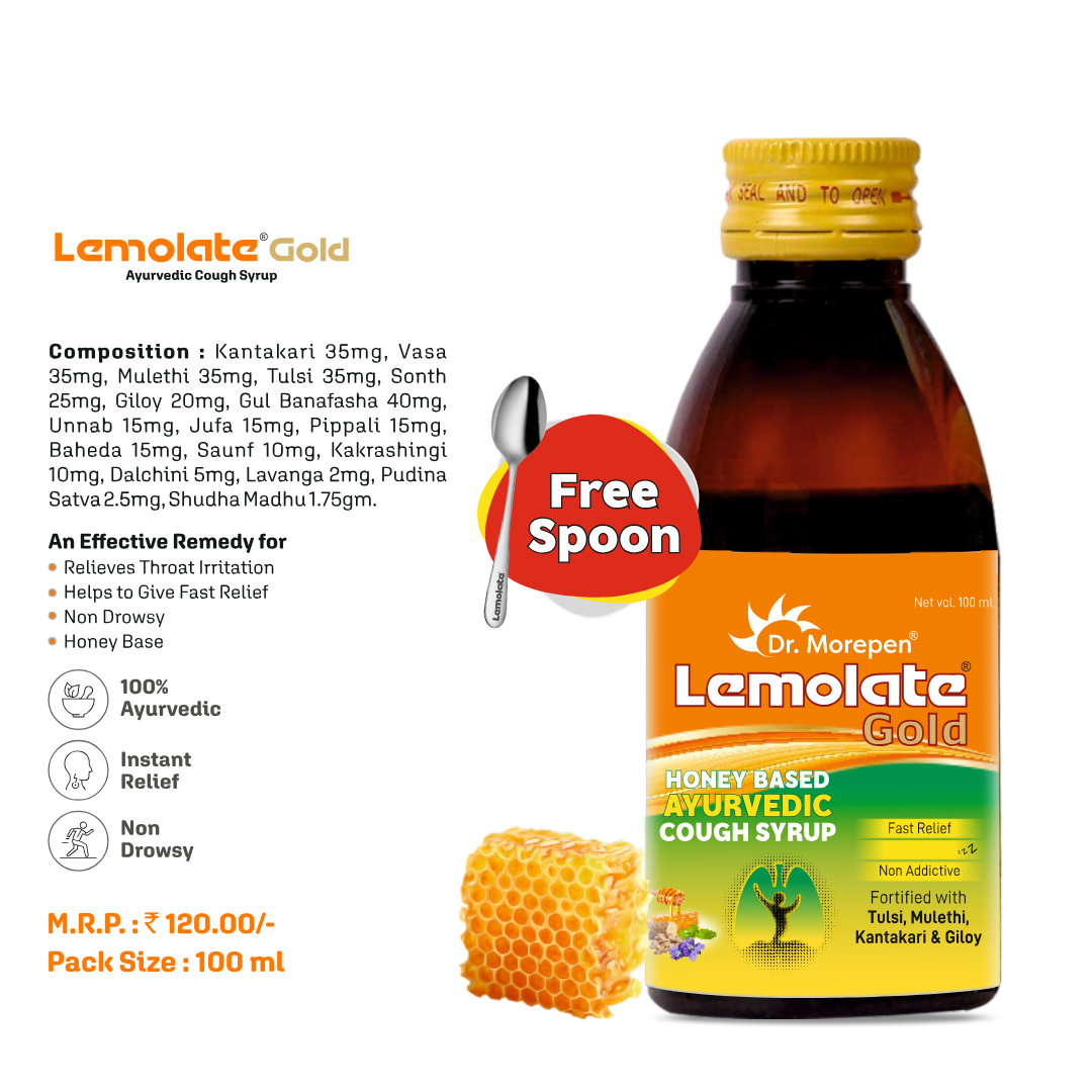 Dr. Morepen Lemolate® Gold Ayurvedic Cough Syrup – 100ml | Herbal Relief for Cough, Cold & Throat Irritation