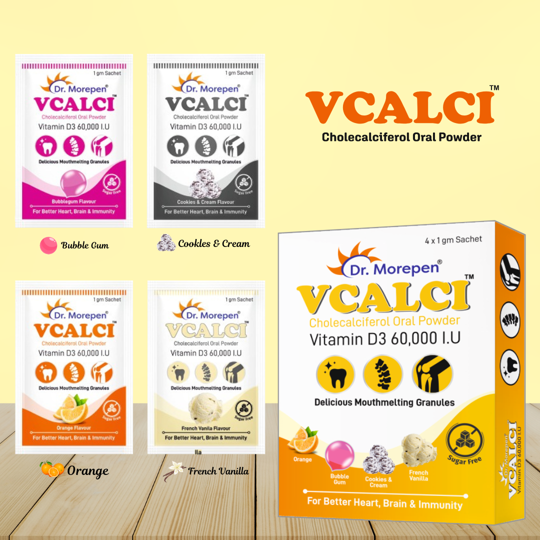 Dr. Morepen VCALCI Cholecalciferol Oral Powder – 4 Sachets | 60,000 IU Vitamin D3 for Bone & Immunity Support (10x4 Pcs)