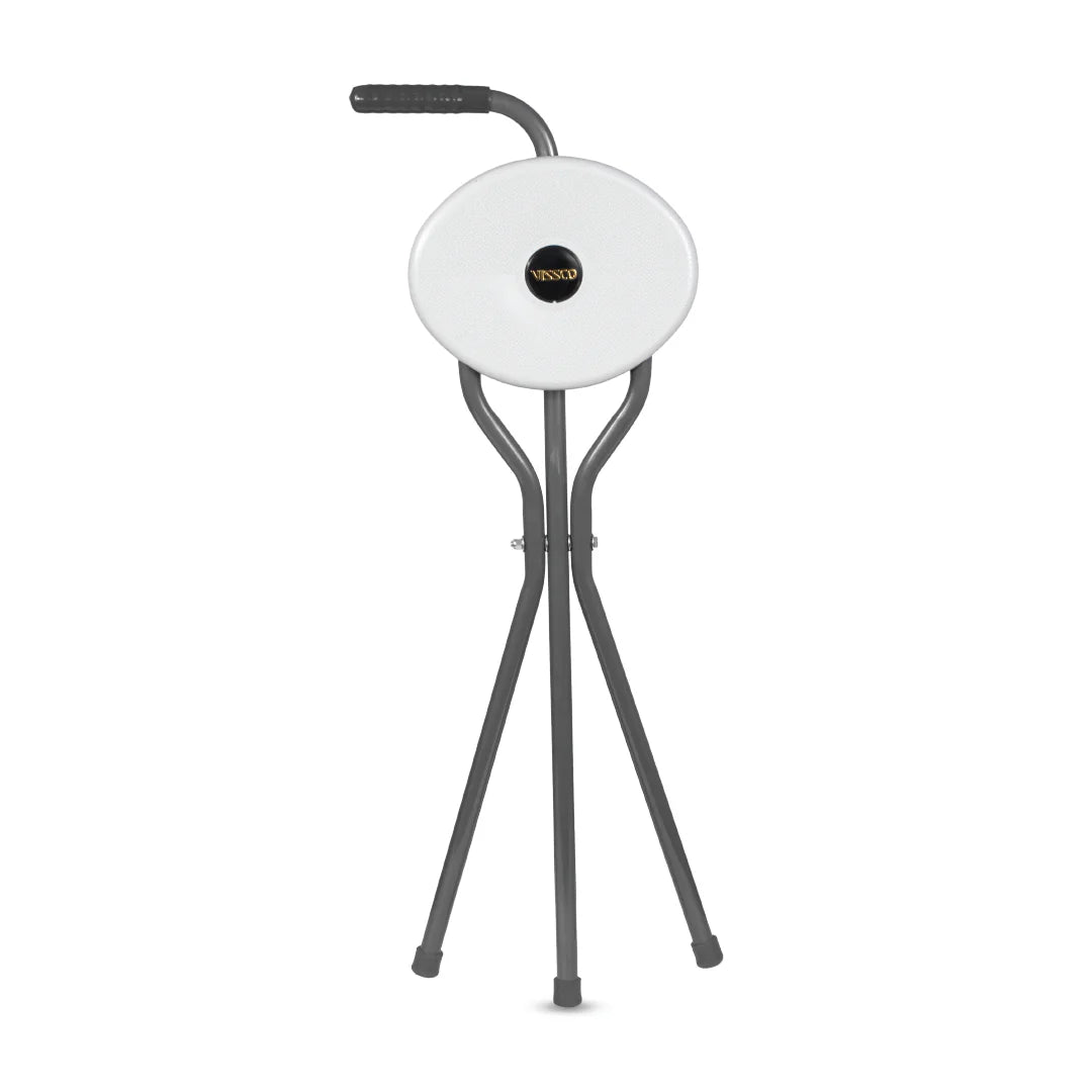 Vissco Avanti Walking Stick with Seat – PC 0944 | L-Shaped Handle, Lightweight, Foldable, Durable Rubber Shoe (Grey)