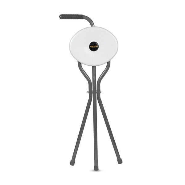 Vissco Avanti Walking Stick with Seat – PC 0944 | L-Shaped Handle, Lightweight, Foldable, Durable Rubber Shoe (Grey)