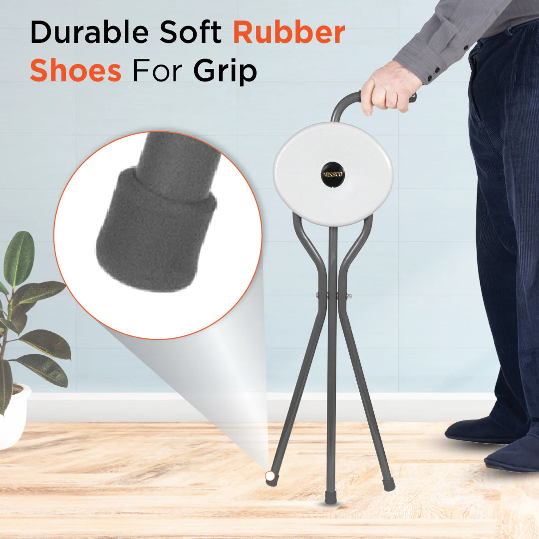 Vissco Avanti Walking Stick with Seat – PC 0944 | L-Shaped Handle, Lightweight, Foldable, Durable Rubber Shoe (Grey)