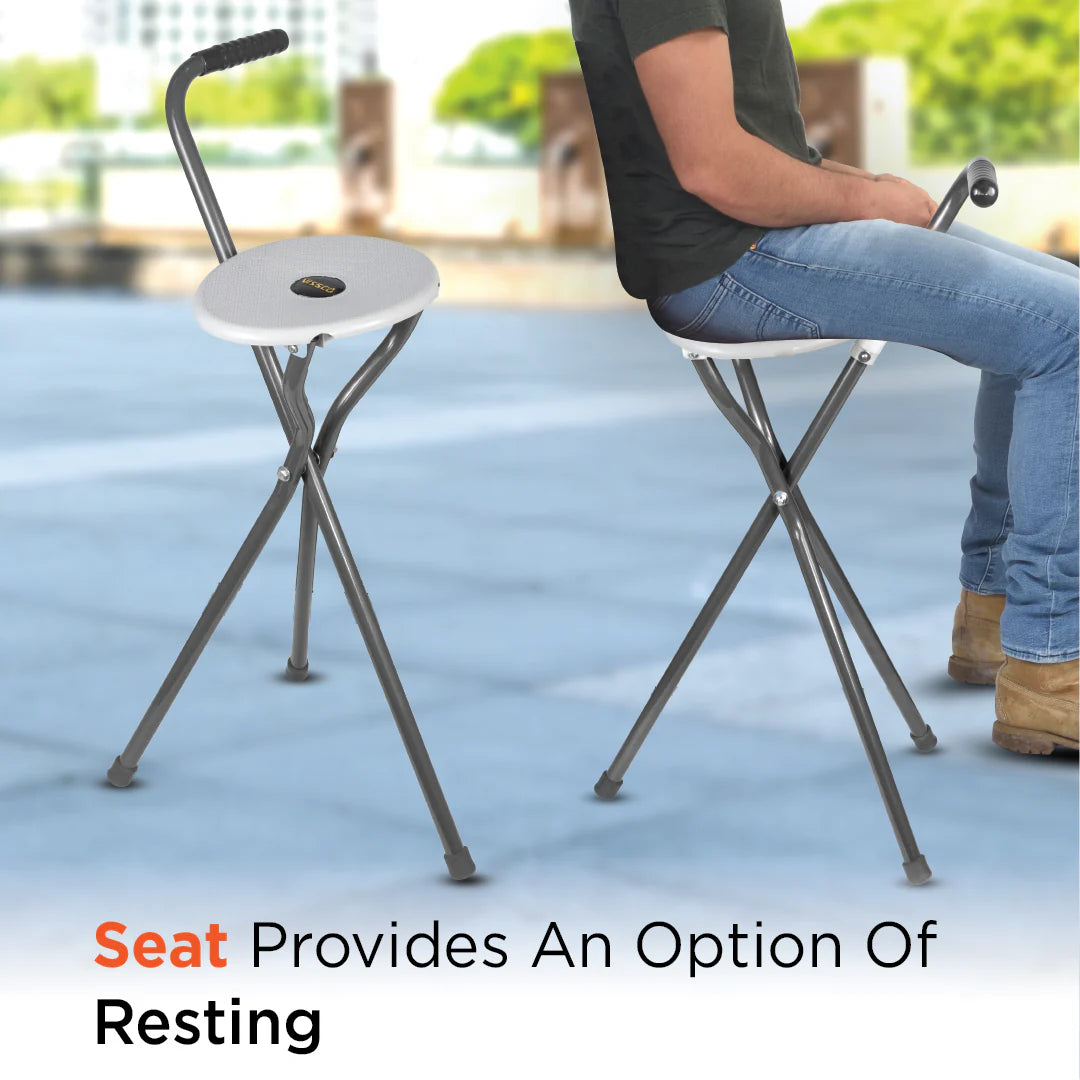 Vissco Avanti Walking Stick with Seat – PC 0944 | L-Shaped Handle, Lightweight, Foldable, Durable Rubber Shoe (Grey)