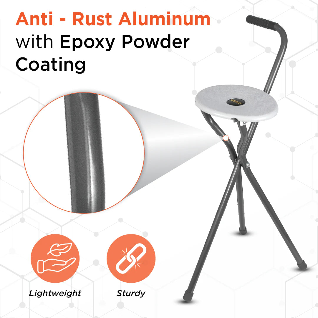 Vissco Avanti Walking Stick with Seat – PC 0944 | L-Shaped Handle, Lightweight, Foldable, Durable Rubber Shoe (Grey)