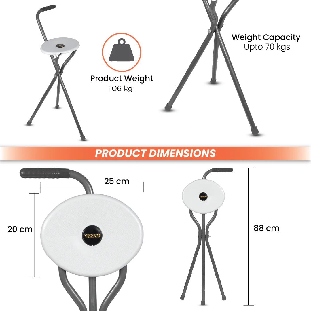 Vissco Avanti Walking Stick with Seat – PC 0944 | L-Shaped Handle, Lightweight, Foldable, Durable Rubber Shoe (Grey)