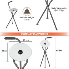 Vissco Avanti Walking Stick with Seat – PC 0944 | L-Shaped Handle, Lightweight, Foldable, Durable Rubber Shoe (Grey)