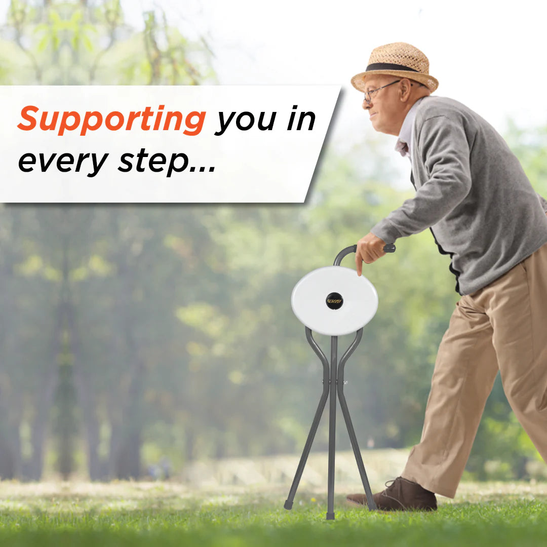 Vissco Avanti Walking Stick with Seat – PC 0944 | L-Shaped Handle, Lightweight, Foldable, Durable Rubber Shoe (Grey)