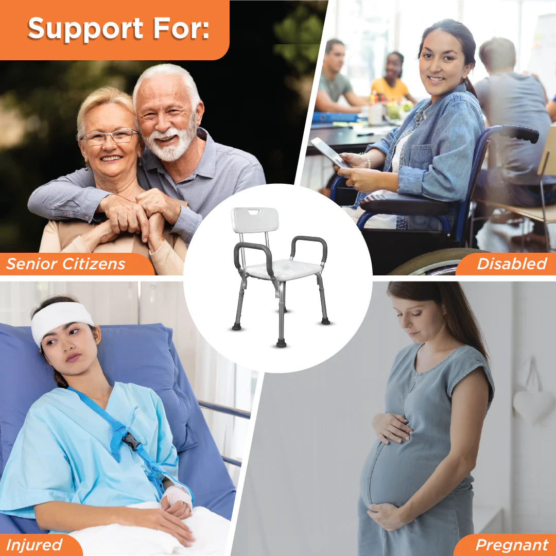 Vissco Comfort Shower Chair – PC 0980 | With Back & Armrest, Adjustable Height, Anti-Rust Aluminum Frame (White & Anodized)