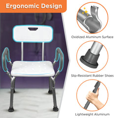 Vissco Comfort Shower Chair – PC 0980 | With Back & Armrest, Adjustable Height, Anti-Rust Aluminum Frame (White & Anodized)