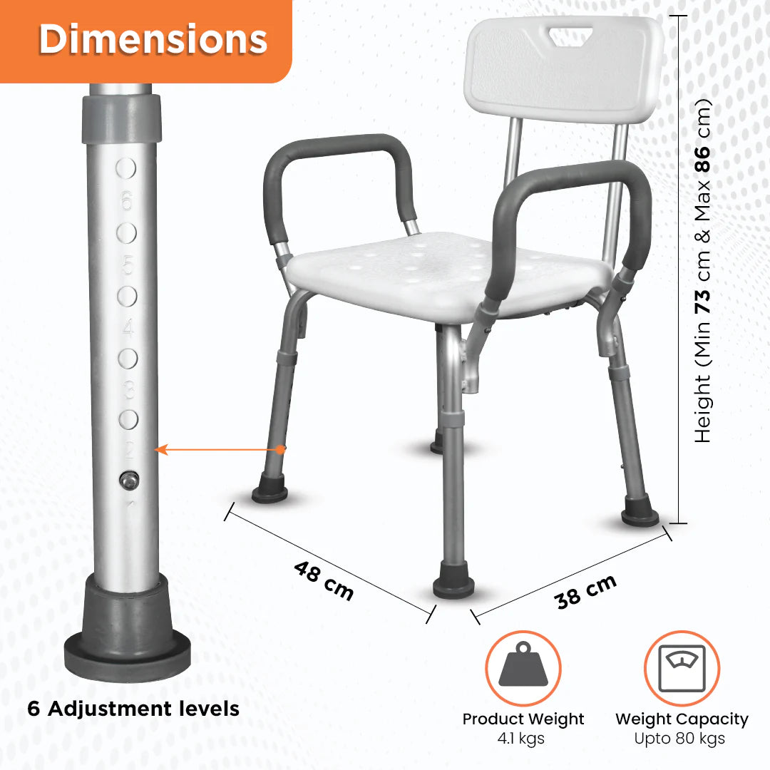 Vissco Comfort Shower Chair – PC 0980 | With Back & Armrest, Adjustable Height, Anti-Rust Aluminum Frame (White & Anodized)