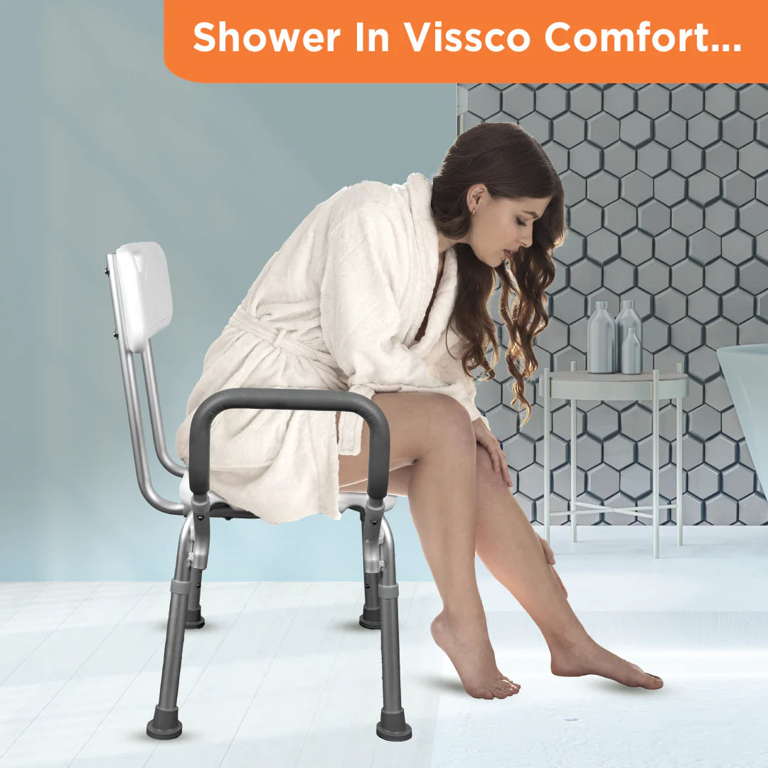 Vissco Comfort Shower Chair – PC 0980 | With Back & Armrest, Adjustable Height, Anti-Rust Aluminum Frame (White & Anodized)