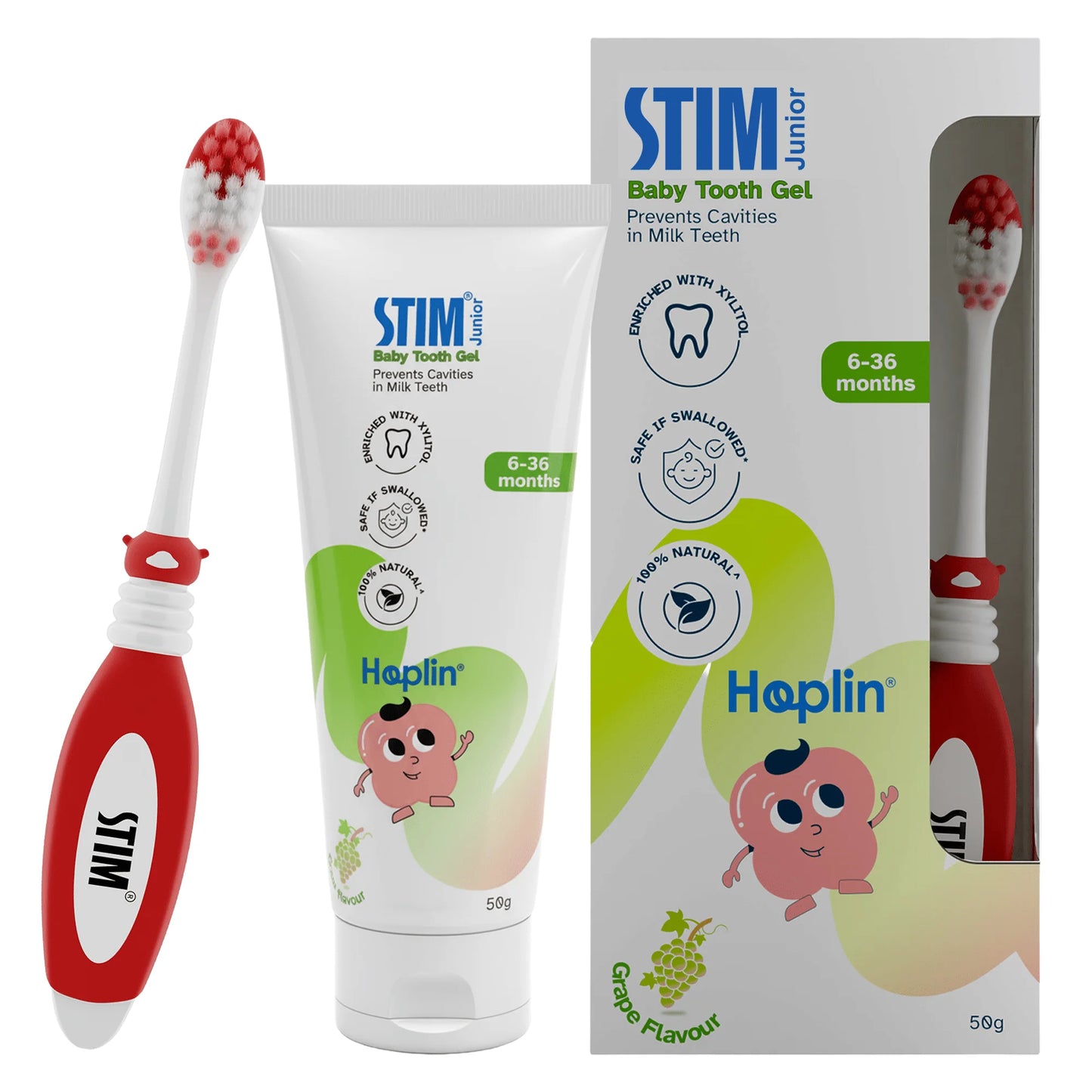 STIM Junior Hoplin Baby Tooth Gel (50g) + Brush Combo – Fluoride Free | 6-36 Months