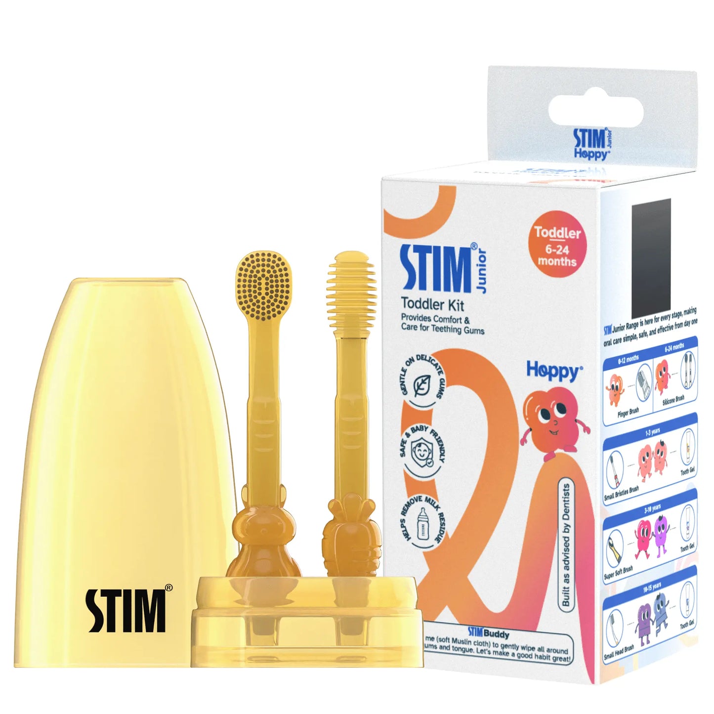 STIM Junior Toddler Oral Care Kit (6–24 Months) – Baby Toothbrush, Tongue Cleaner & Muslin Cloth | Safe Silicone Dental Care Kit