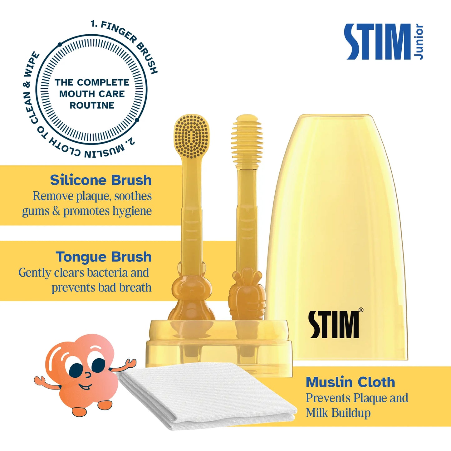 STIM Junior Toddler Oral Care Kit (6–24 Months) – Baby Toothbrush, Tongue Cleaner & Muslin Cloth | Safe Silicone Dental Care Kit