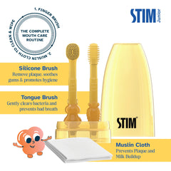 STIM Junior Toddler Oral Care Kit (6–24 Months) – Baby Toothbrush, Tongue Cleaner & Muslin Cloth | Safe Silicone Dental Care Kit