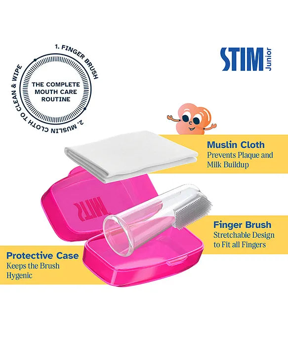 STIM Hoppy Infant Finger Brush – 0-12 Months | Ultra Soft BPA-Free | with Muslin Cloth & Protective Case