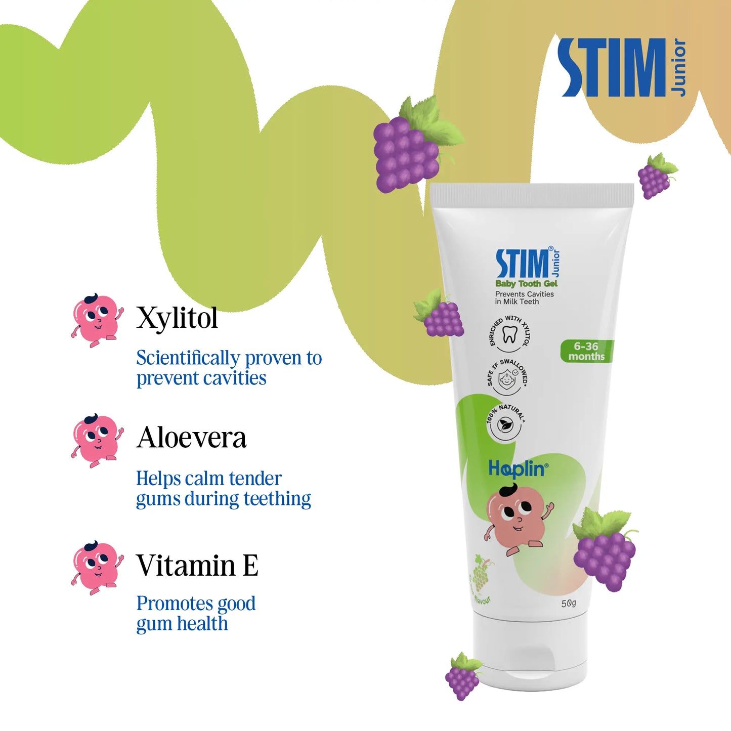 STIM Junior Hoplin Baby Tooth Gel (50g) + Brush Combo – Fluoride Free | 6-36 Months