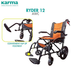Karma Ryder 12 AWC-AR FR Manual Wheelchair – Lightweight Foldable Aluminum Frame | Flip-Back Armrests | Attendant Brakes | Travel-Friendly Design | 100kg Capacity | Orange-Black