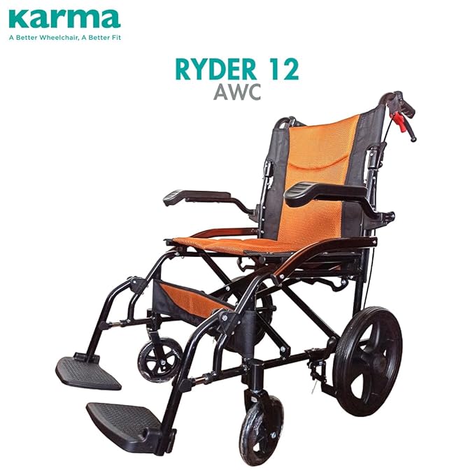 Karma Ryder 12 AWC-AR FR Manual Wheelchair – Lightweight Foldable Aluminum Frame | Flip-Back Armrests | Attendant Brakes | Travel-Friendly Design | 100kg Capacity | Orange-Black