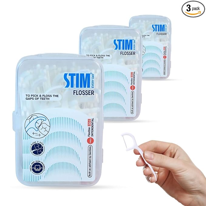 STIM Dental Flosser – Pack of 3 | Interdental Floss with Toothpick for Easy Plaque Removal