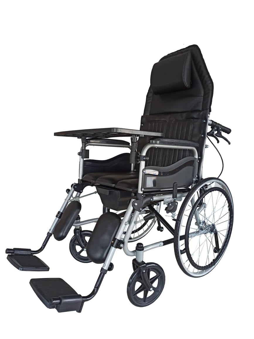 Karma Ryder 8 Reclining Wheelchair with Commode | Foldable Hydraulic Recliner Chair with U-Cut Seat, 3D Headrest, Tray & Detachable Armrests | Ideal for Elderly & Patients