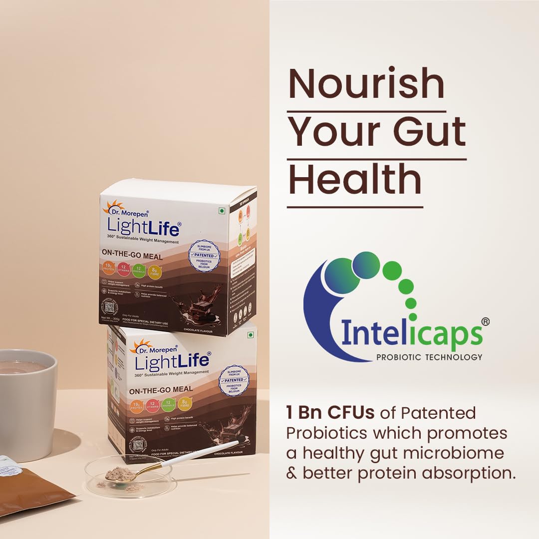 Dr. Morepen LightLife® On-The-Go Meal – Chocolate (300g) Complete Meal Replacement | Slimbiome® | High Protein | Weight Management Formula