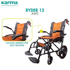 Karma Ryder 12 AWC-AR FR Manual Wheelchair – Lightweight Foldable Aluminum Frame | Flip-Back Armrests | Attendant Brakes | Travel-Friendly Design | 100kg Capacity | Orange-Black