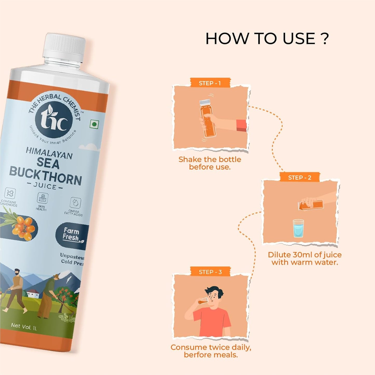 The Herbal Chemist Himalayan Sea Buckthorn Juice – 500ml | Rich in Omega 3, 6, 7 & 9 | Skin, Eye & Immune Wellness