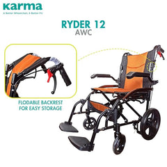 Karma Ryder 12 AWC-AR FR Manual Wheelchair – Lightweight Foldable Aluminum Frame | Flip-Back Armrests | Attendant Brakes | Travel-Friendly Design | 100kg Capacity | Orange-Black