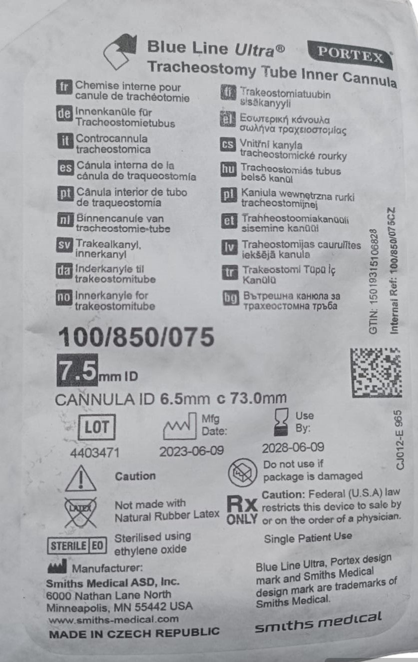 Portex Blue Line Ultra 7.5mm Inner Cannula Plain Tracheostomy Tubes