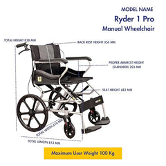 Karma Ryder 1 Pro Manual Wheelchair – Mild Steel | Foldable, Lightweight, Travel-Friendly (Silver-Black)