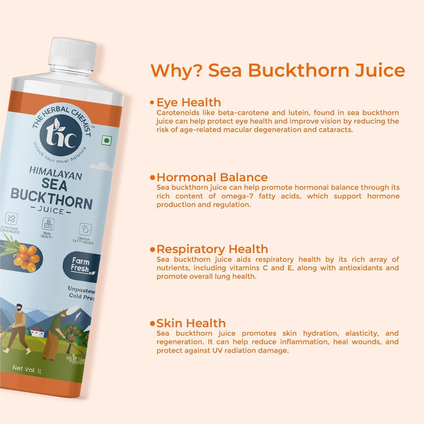 The Herbal Chemist Himalayan Sea Buckthorn Juice – 500ml | Rich in Omega 3, 6, 7 & 9 | Skin, Eye & Immune Wellness