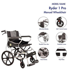 Karma Ryder 1 Pro Manual Wheelchair – Mild Steel | Foldable, Lightweight, Travel-Friendly (Silver-Black)