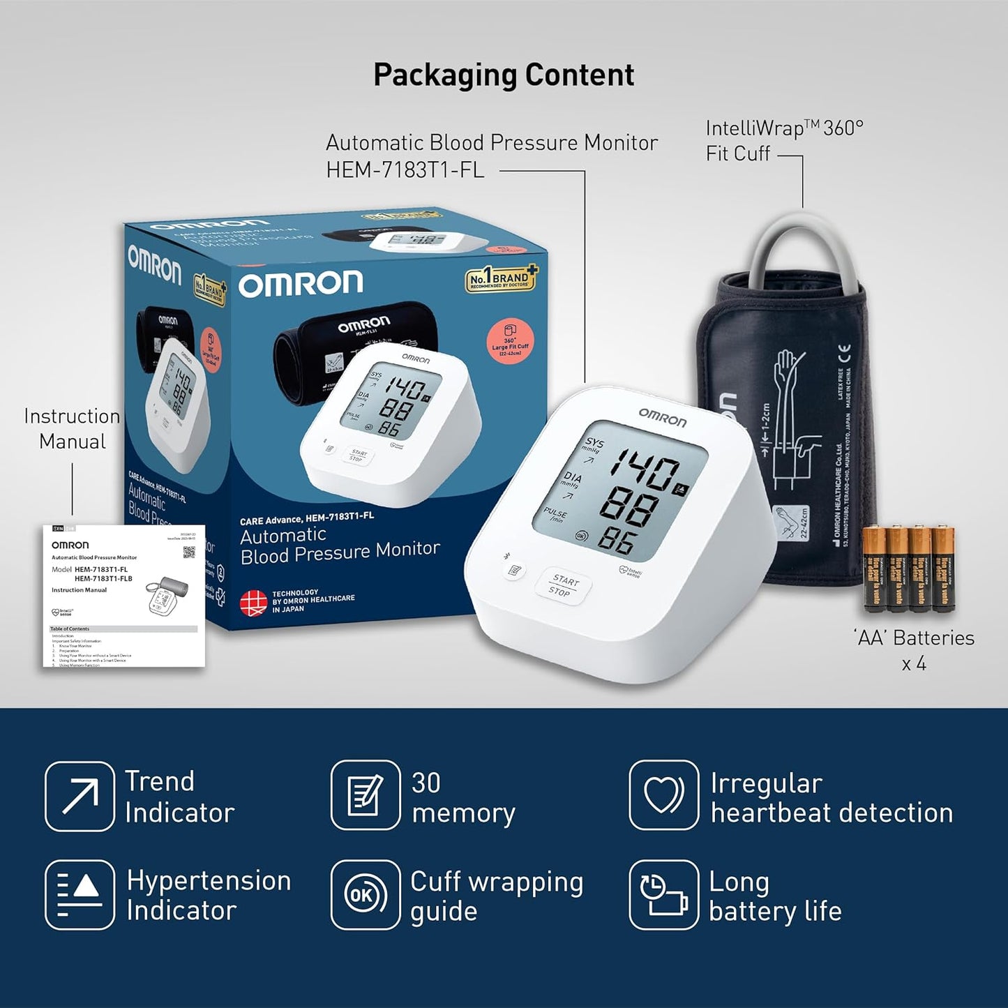 Omron HEM-7183T1-FLB Automatic Blood Pressure Monitor with Bluetooth & AC Adapter