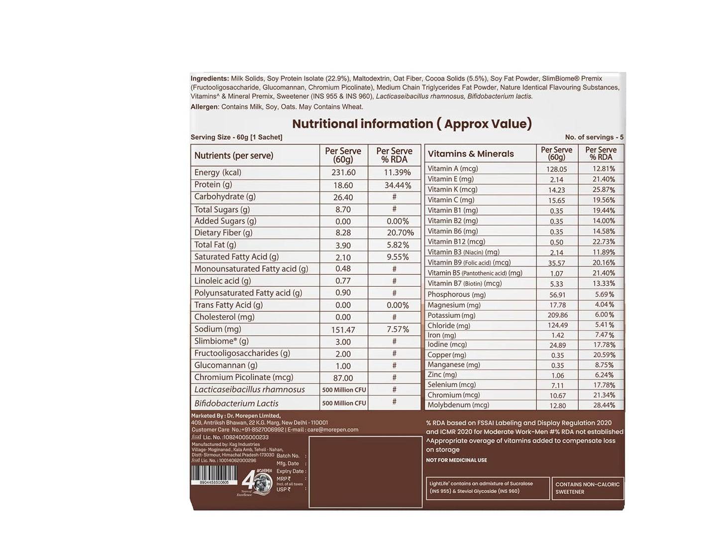 Dr. Morepen LightLife® On-The-Go Meal – Chocolate (300g) Complete Meal Replacement | Slimbiome® | High Protein | Weight Management Formula