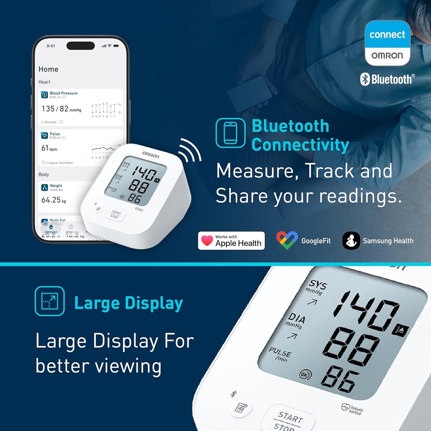 Omron HEM-7183T1-FLB Automatic Blood Pressure Monitor with Bluetooth & AC Adapter