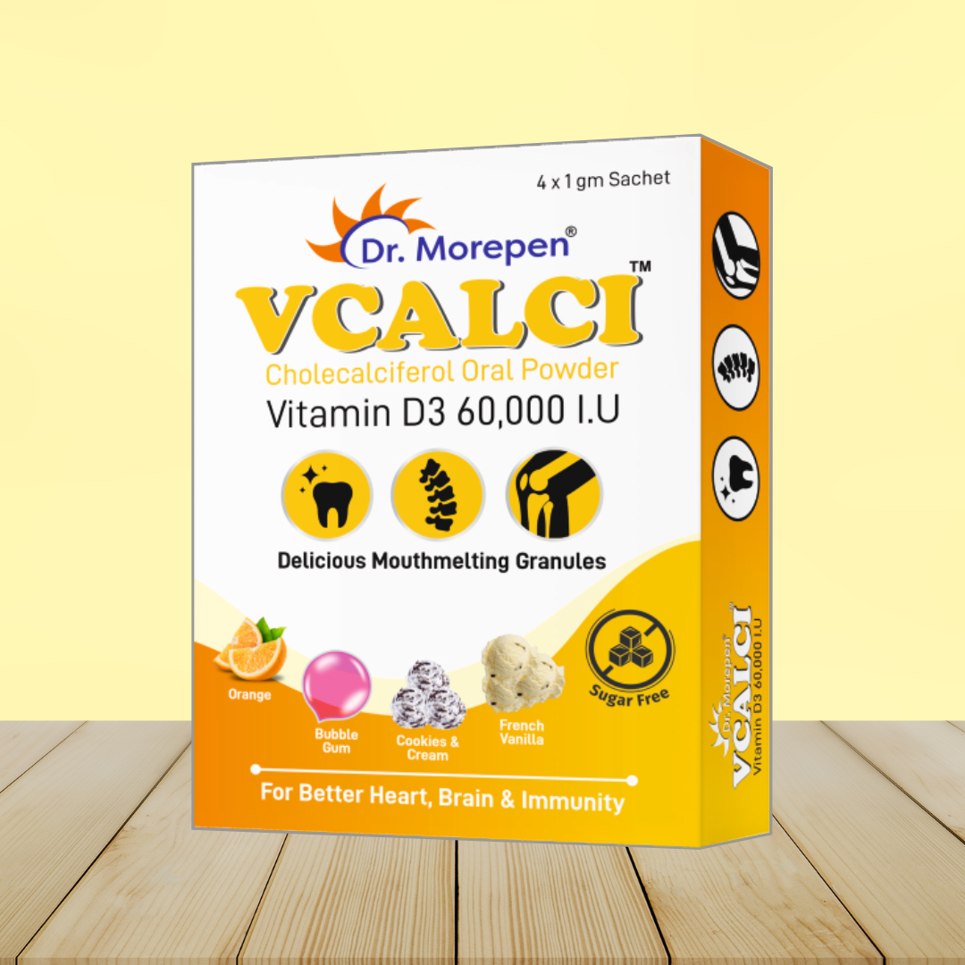 Dr. Morepen VCALCI Cholecalciferol Oral Powder – 4 Sachets | 60,000 IU Vitamin D3 for Bone & Immunity Support (10x4 Pcs)