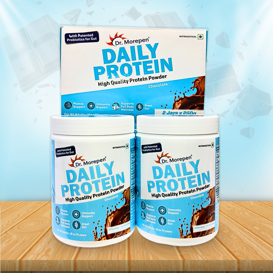 Dr. Morepen Daily Protein Powder – Chocolate | Probiotics for Gut & Muscle | Pack of 2 Jars