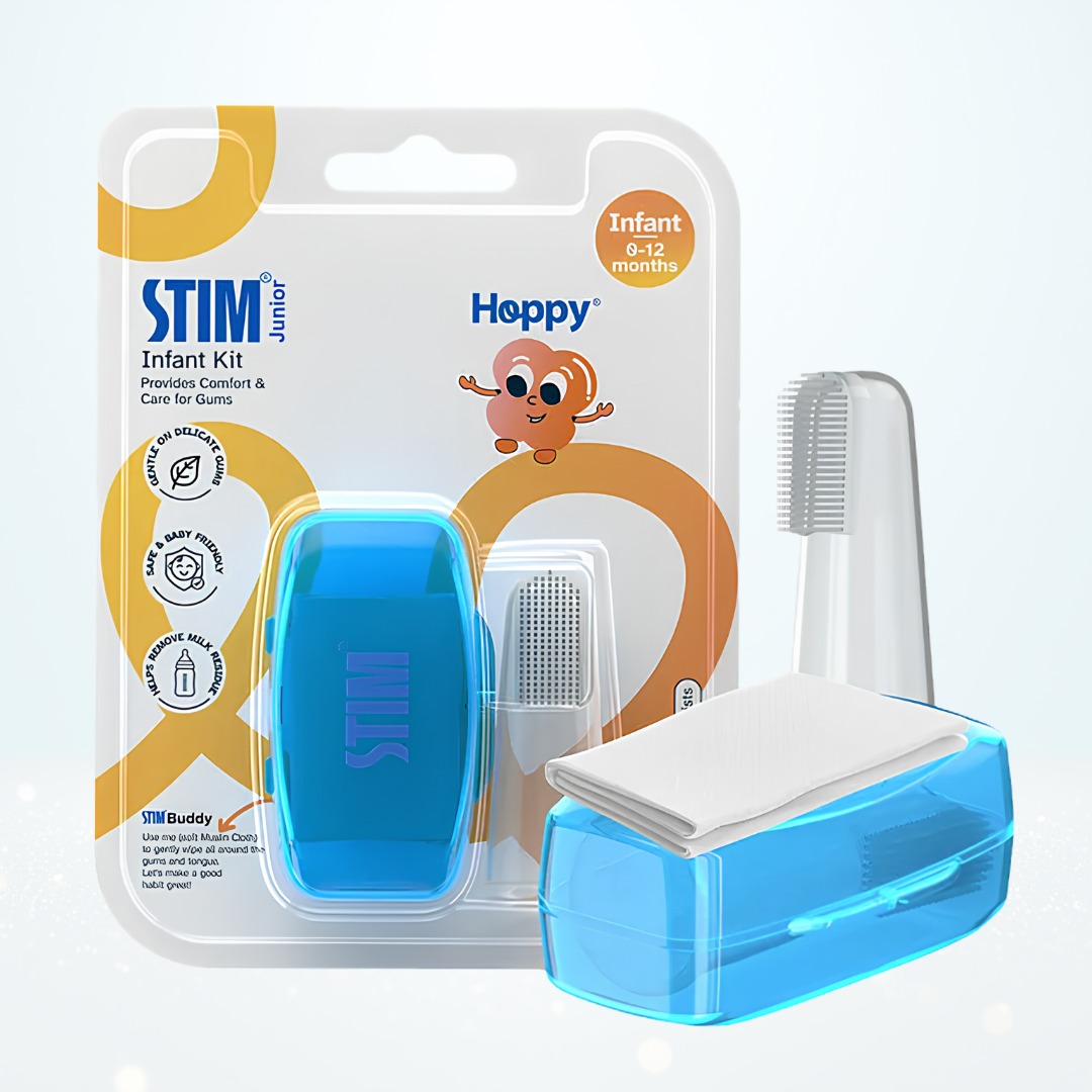STIM Hoppy Infant Finger Brush – 0-12 Months | Ultra Soft BPA-Free | with Muslin Cloth & Protective Case
