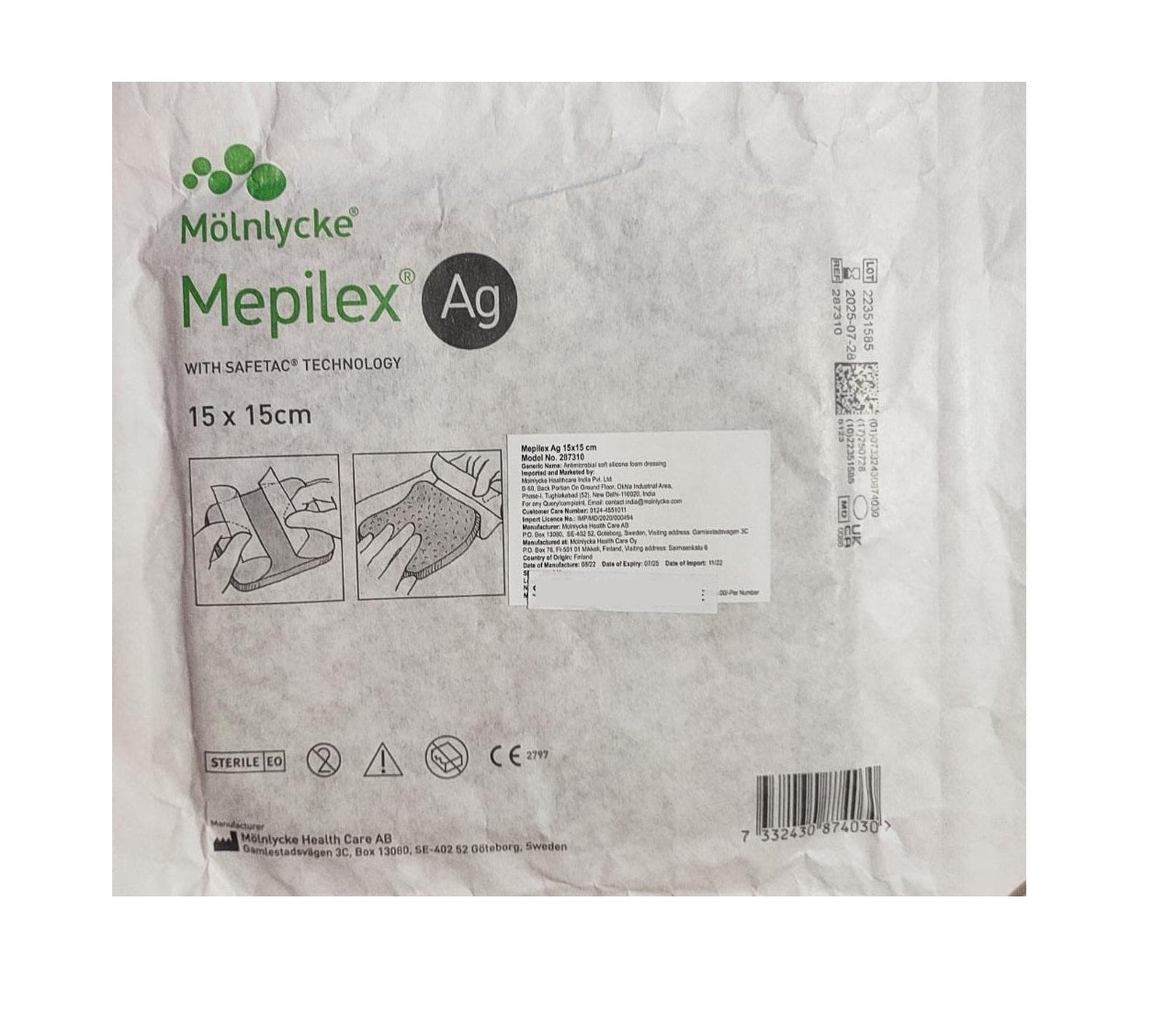 Mepilex Ag Dressing with Safetac Technology 15x15 CM