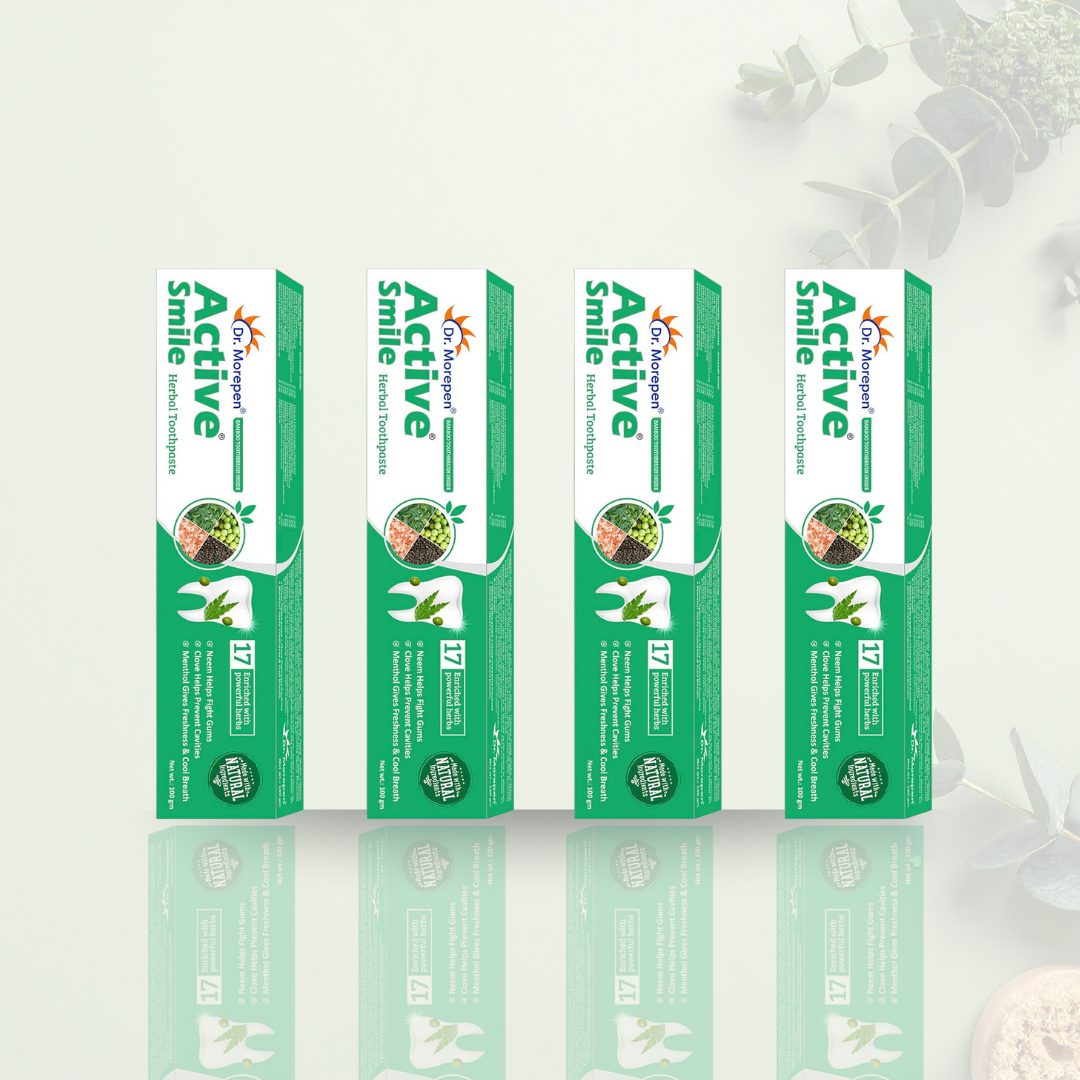 Dr. Morepen Active Smile Herbal Toothpaste – 100g (Pack of 4) with Free Bamboo Toothbrush