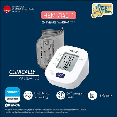 Omron Blood Pressure (BP) Monitor HEM-7140T1 With Cuff Wrapping Guide & High BP Indicator with Bluetooth Technology